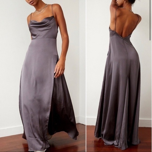 Fame and Partners Gray Satin Cowl Neck Maxi Dress Formal Evening Party Gown - Picture 1 of 8
